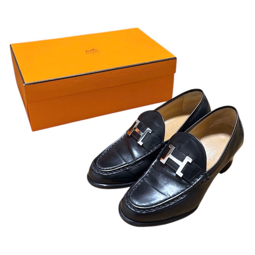 HERMES ブラック ヒール ローファー Hロゴ付き 箱付き