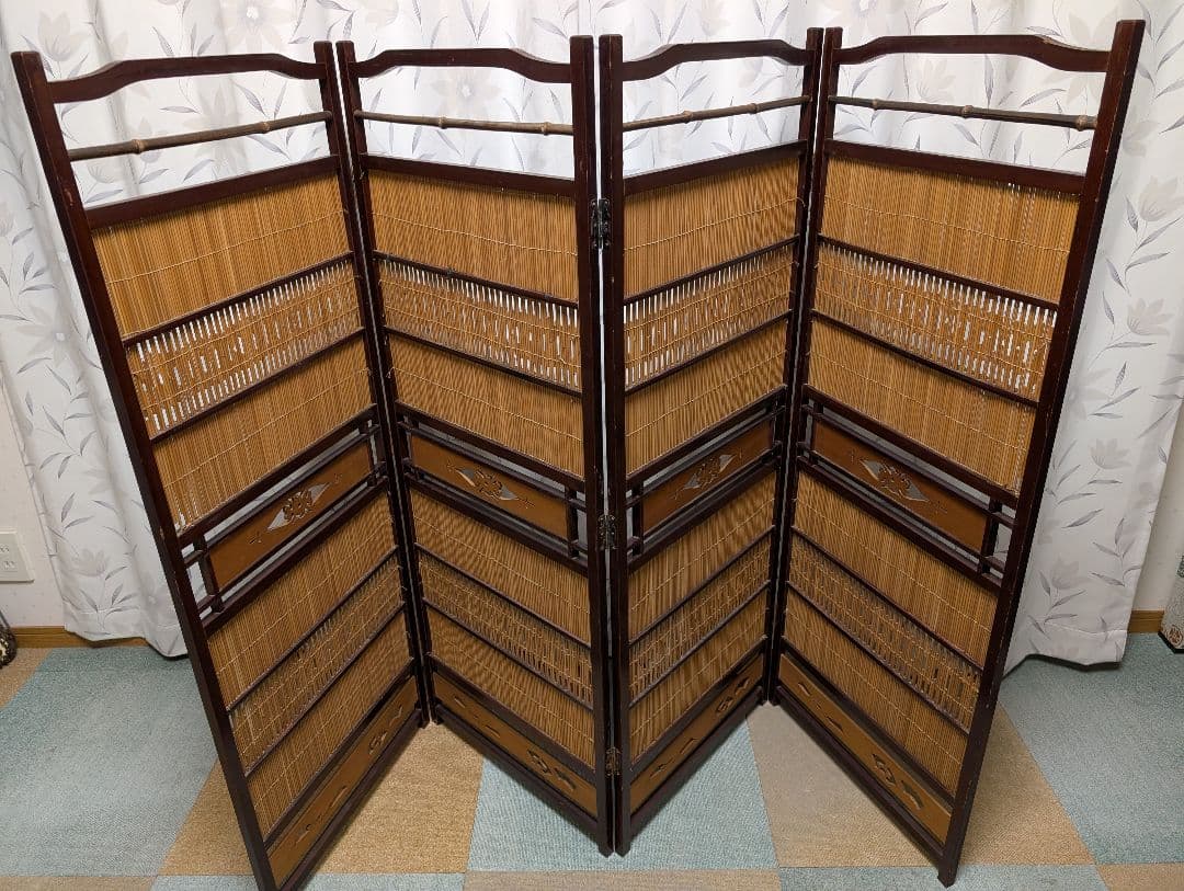 古家具　パーテーション 　　屏風　衝立　4連　竹　木製