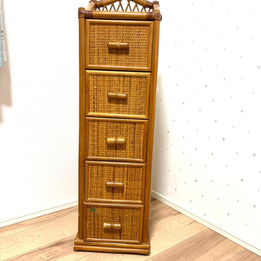 ラタン　5段チェスト　棚　引き出し　ラック　アジアンテイスト スリム