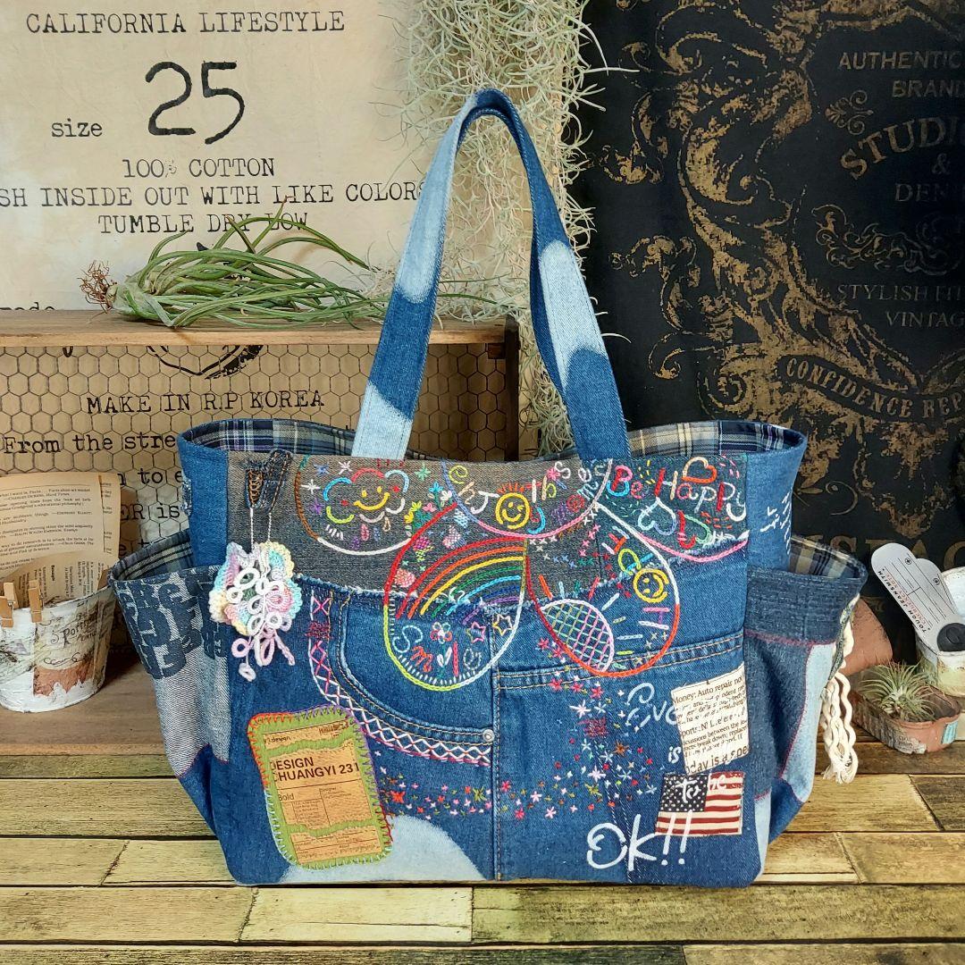 【Kal】大きな刺繍デニムバック　No.625　デニムリメイク