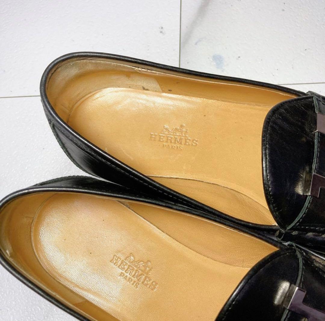 高級　HERMESエルメス　モカシンパリローファー　黒　シルバー　23.5