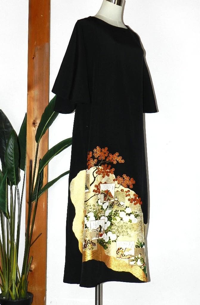 留袖　ワンピース　ドレス　フレアー袖　逸品　百人一首　正絹　482　夢ちりめん