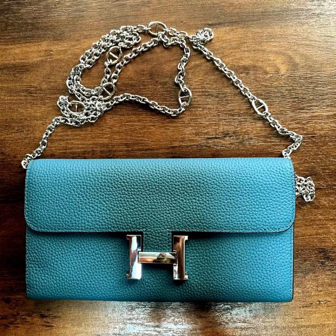 青いレザー Hロゴ 長財布　のり