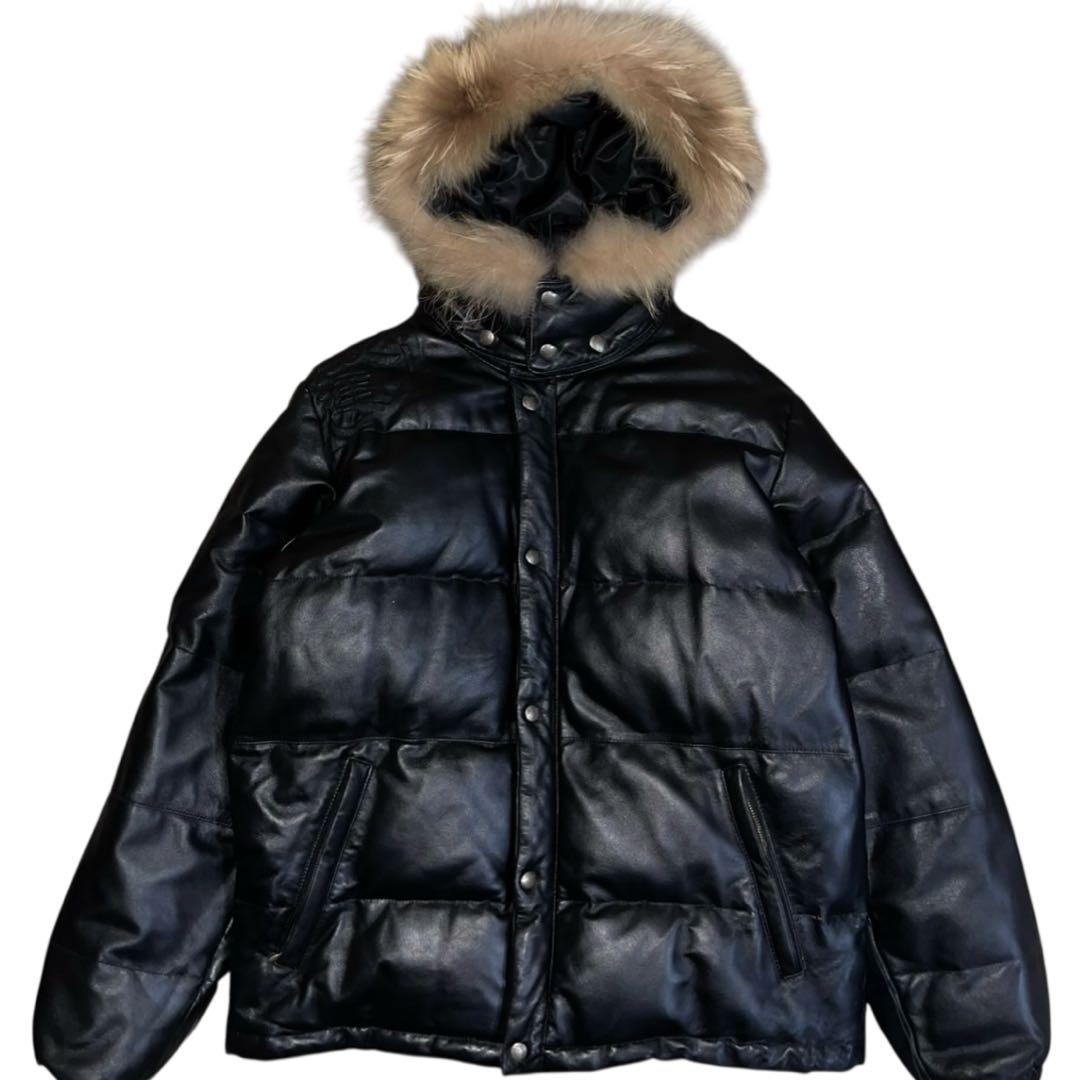 波達 ブラック 羊革 レザー ダウンジャケット ファー付き