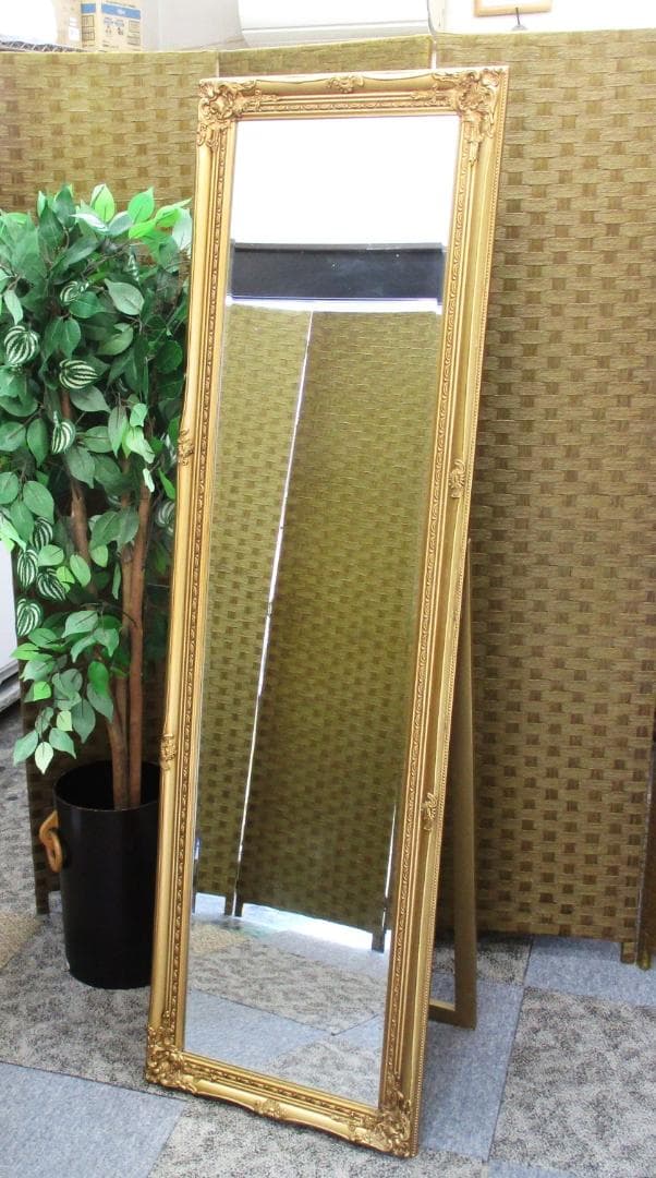 ★アンティーク調　ミラー ゴールド 50x170cm　姿見　ロココ調　スタンド付