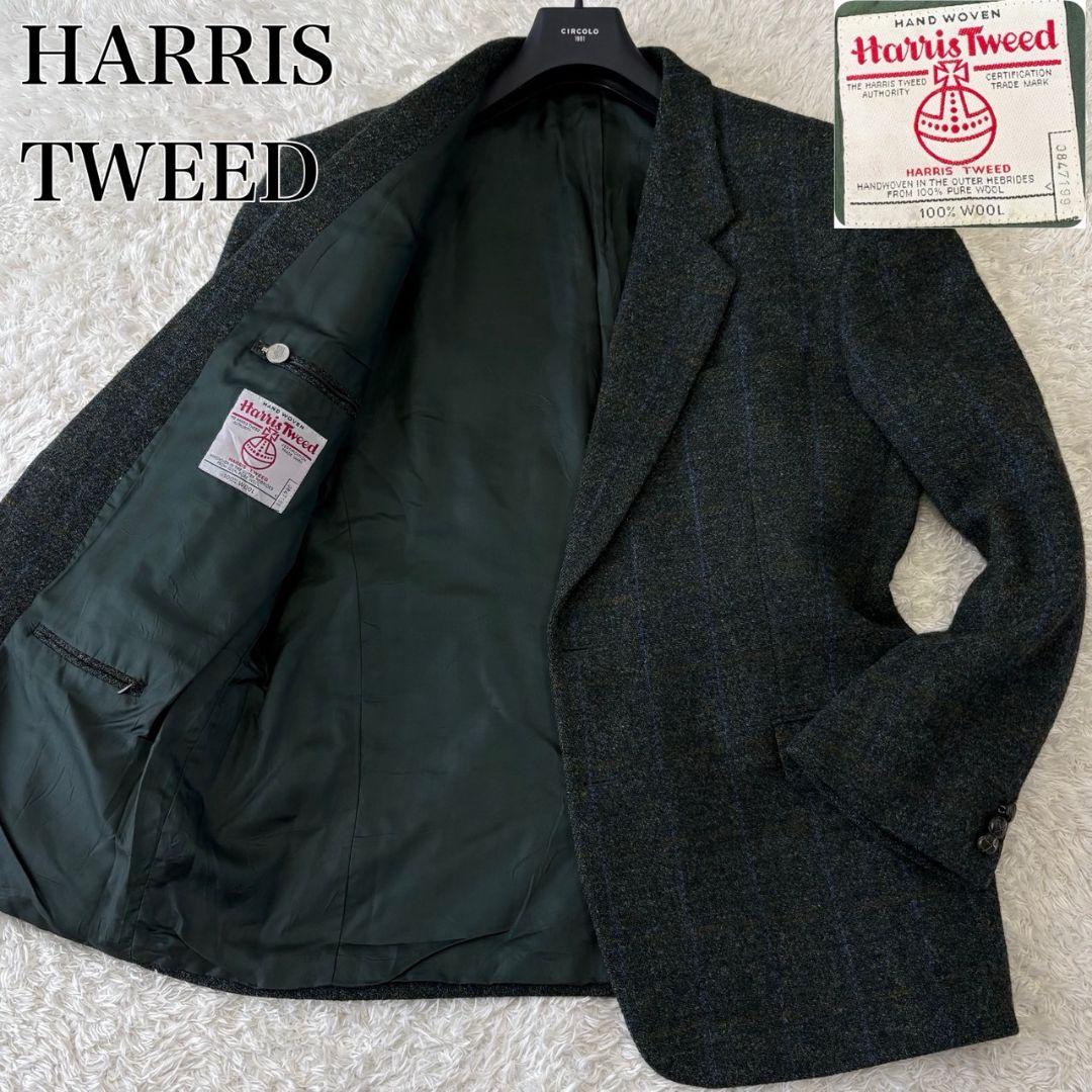ハリスツイード テーラードジャケット くるみボタン チェック 3L 深緑