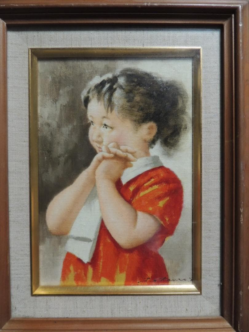 額装、油絵「純真」菅鉄郎、＞秋田県、多摩美大、少女、肖像画、昭和