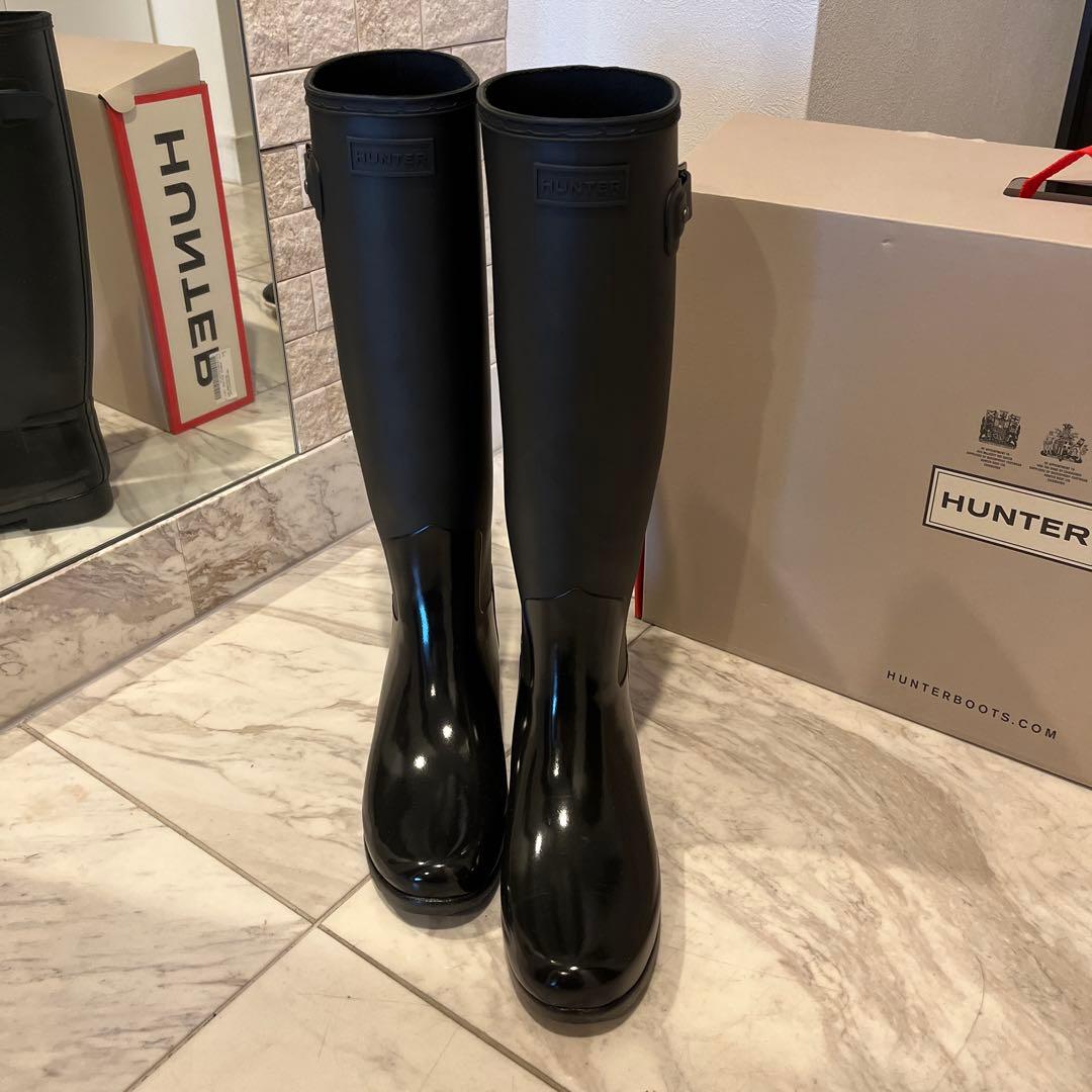 美品　HUNTER レインブーツブラック バックル付き　25cm