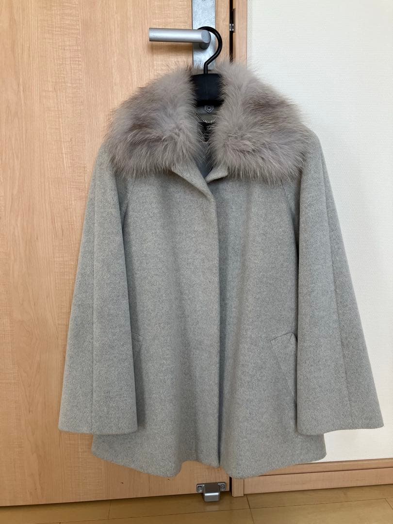 23区 グレー アンゴラ ウール コート ブルーフォックス ファー付き
