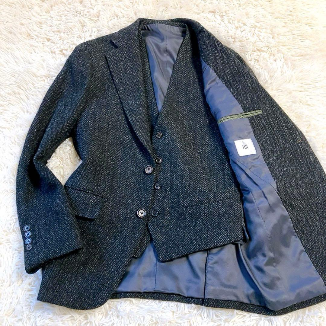 【2ピース・ハリスツイード】スーツセレクト　テーラード　ベスト　S　ヘリンボーン