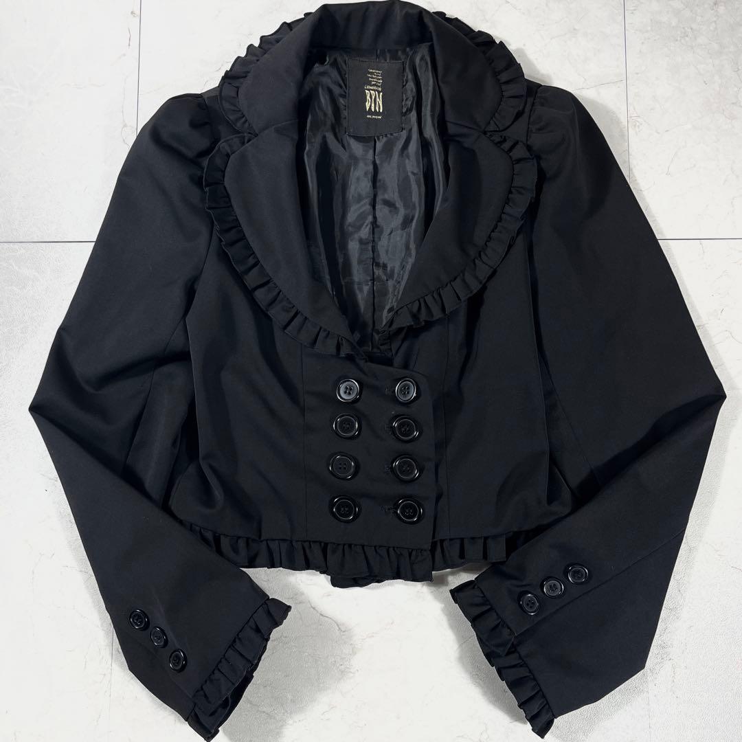 ✨美品 ブラックピースナウ ハート襟フリル リボン ショート丈 ダブルジャケット