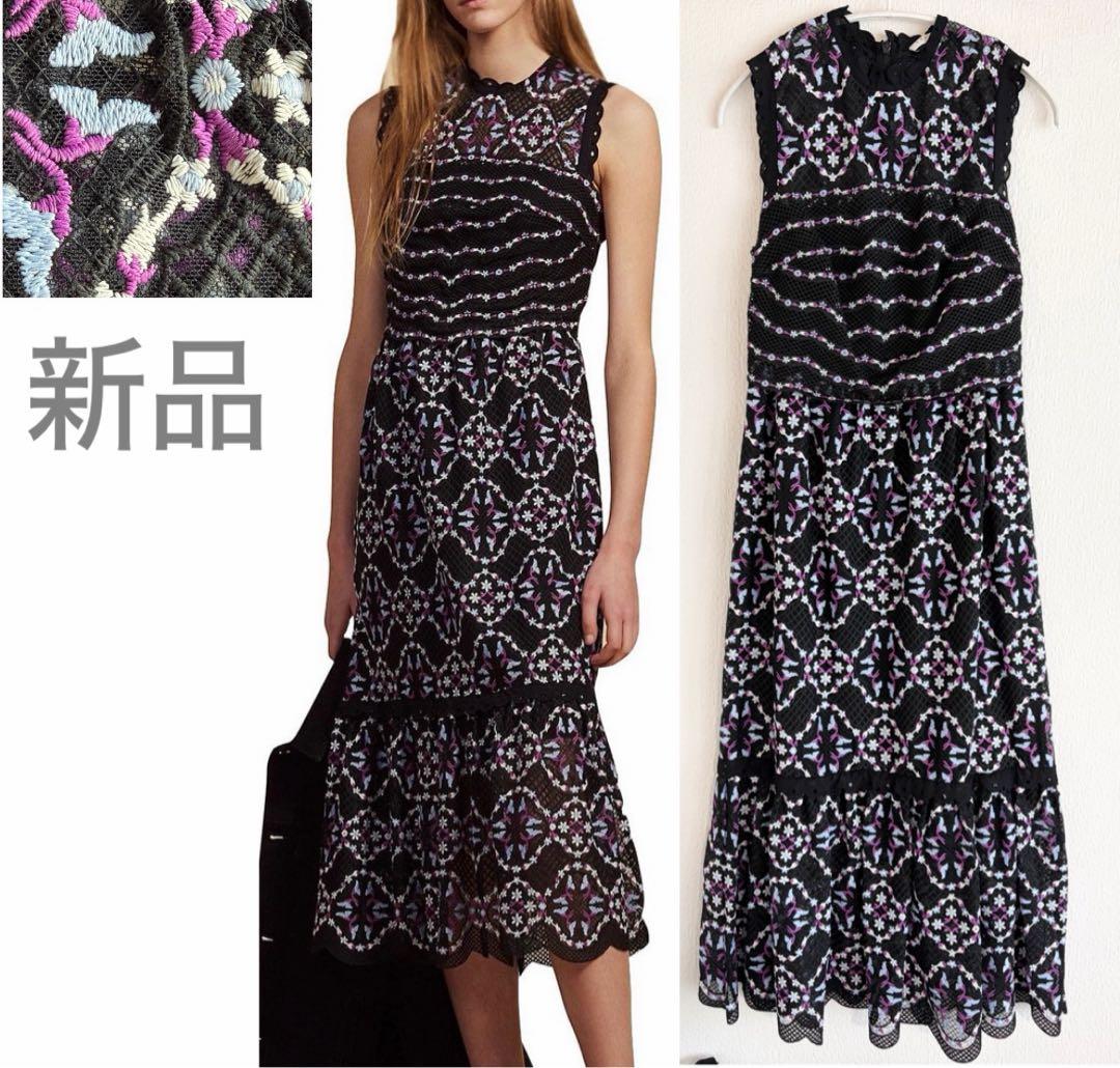 新品sandro PARISサンドロ　総レース刺繍フリルロングワンピースドレス