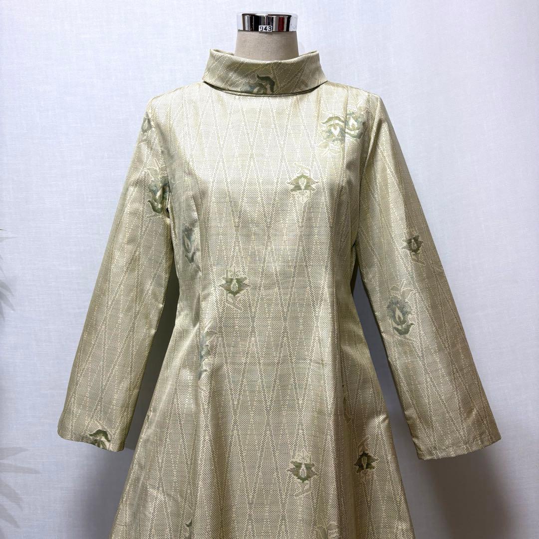 着物リメイク　大島紬花柄ワンピース　ロールカラー　Aライン　細見せ　ゆったり正絹