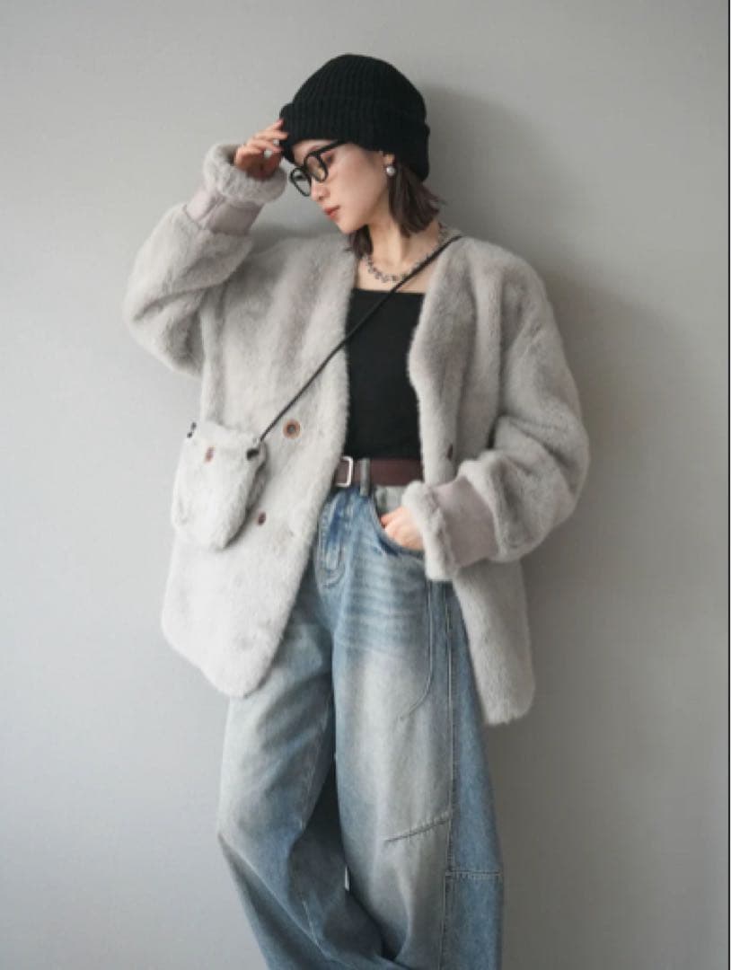 バッグ付エコファーノーカラーコート　リュミエ　lumier同型　グレー