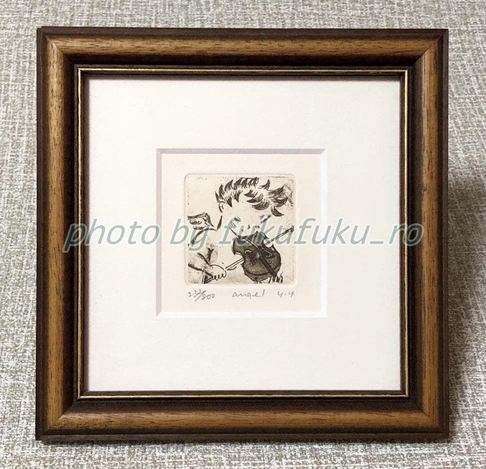 山岡康子　angel　銅版画 　天使　エンジェル　木製　エディション　インテリア