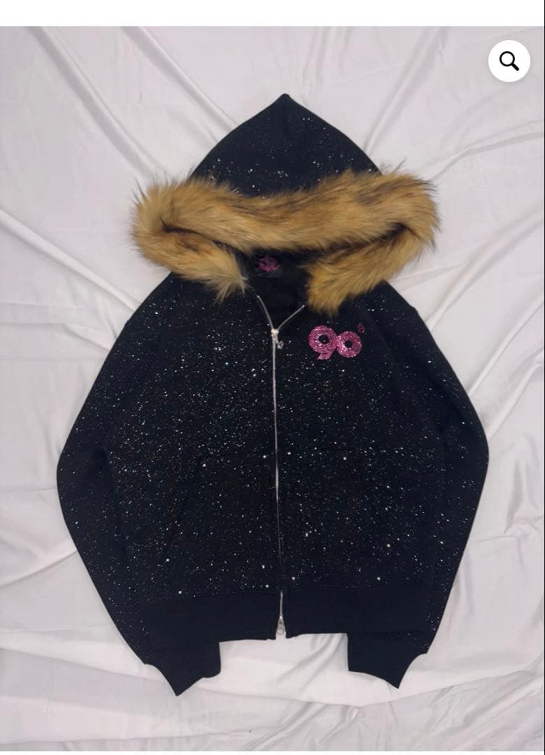 トップス 9090 girl 90 Logo Glitter Fur Zip Hoodie